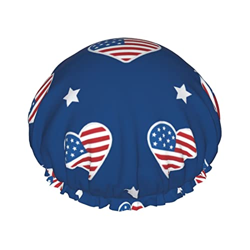 Duschhaube mit amerikanischer Flagge, Unabhängigkeitstag, für Damen, verstellbar, doppelt wasserdicht, Badeduschhut, Haarschutz, wiederverwendbar, Damen-Spa-Salon-Duschhut von Peiyeety