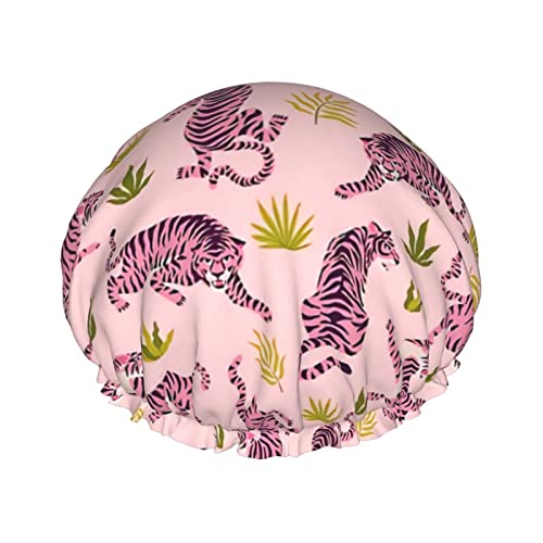 Duschhaube mit rosa Tigern und tropischen Blättern für Damen, verstellbar, doppelt wasserdicht, Badeduschhut, Haarschutz, wiederverwendbar, Damen-Spa-Salon-Duschhut von Peiyeety