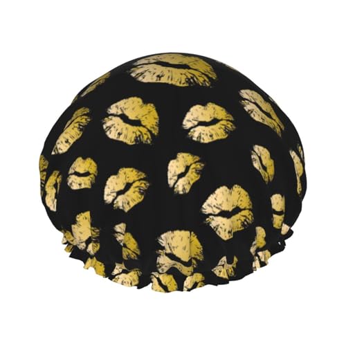 Gold Lips Print Soft Shower Cap for Women, Reusable Environmental Protection Hair Bath Caps von Peiyeety