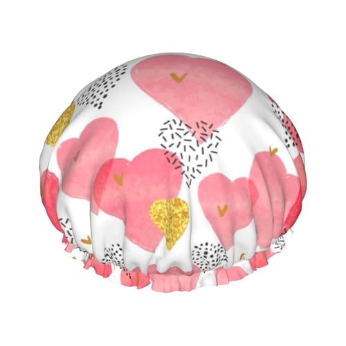 Gold Pink Heart Women Luxury Shower Cap, Double ProtectionElastic, Reusable Adjustable Shower Bonnet von Peiyeety