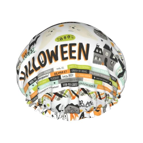 Halloween Scrapbook Print Shower Cap for Women Waterproof - Reusable | Hair Cap for Bathing | Double Layer Hat von Peiyeety