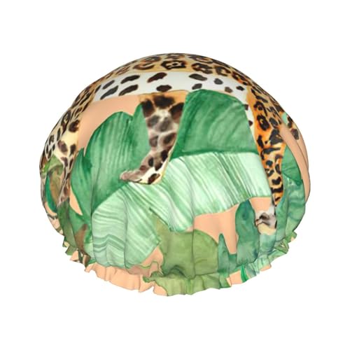 Leopard And Palm Leaves Print Soft Shower Cap for Women, Reusable Environmental Protection Hair Bath Caps von Peiyeety