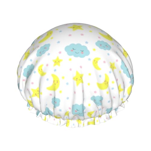 Moon Cloud Star Women Luxury Shower Cap, Double ProtectionElastic, Reusable Adjustable Shower Bonnet von Peiyeety