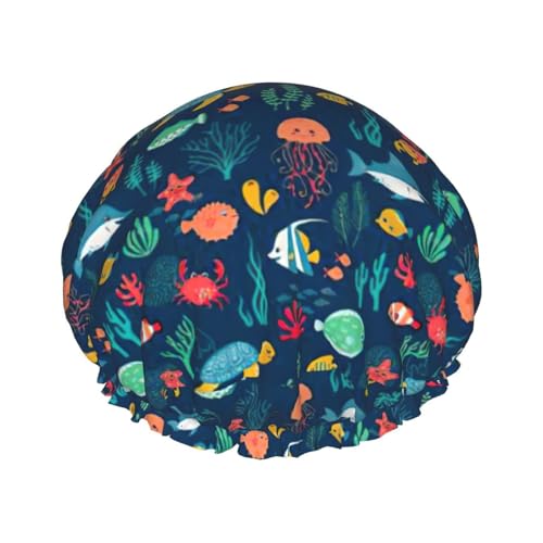 Ocean Fish Turtle Jellyfish Print Soft Shower Cap for Women, Reusable Environmental Protection Hair Bath Caps von Peiyeety