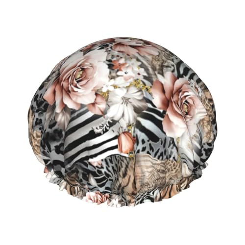 Pink Flower Leopard Women Luxury Shower Cap, Double ProtectionElastic, Reusable Adjustable Shower Bonnet von Peiyeety