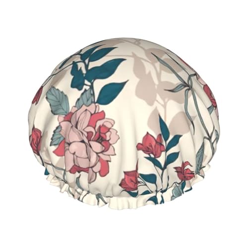 Pink Flowers Leaves Print Shower CapSoft,Reusable, Double WaterproofBath Hat Women,Breathable, von Peiyeety