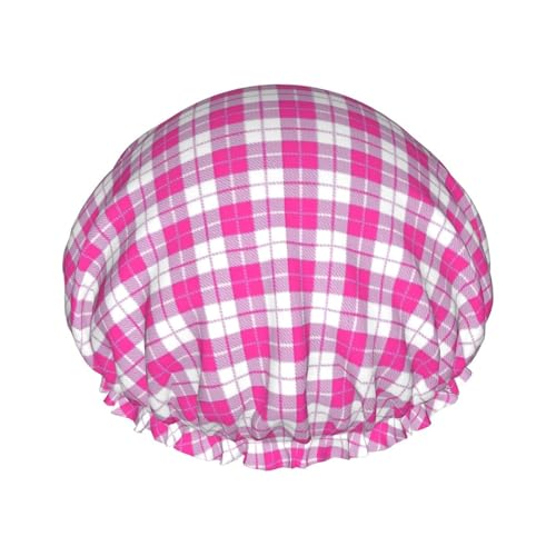 Pink Plaid Women Luxury Shower Cap, Double ProtectionElastic, Reusable Adjustable Shower Bonnet von Peiyeety