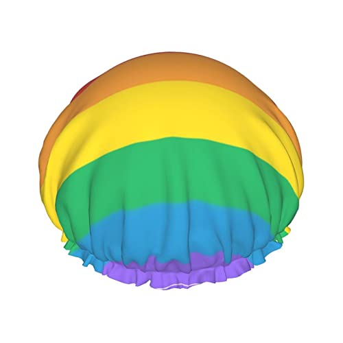 Progress Pride Flag Regenbogenfarben Duschhaube für Damen, verstellbar, doppelt wasserdicht, Badeduschhut, Haarschutz, wiederverwendbar, Damen-Spa-Salon-Duschhut von Peiyeety