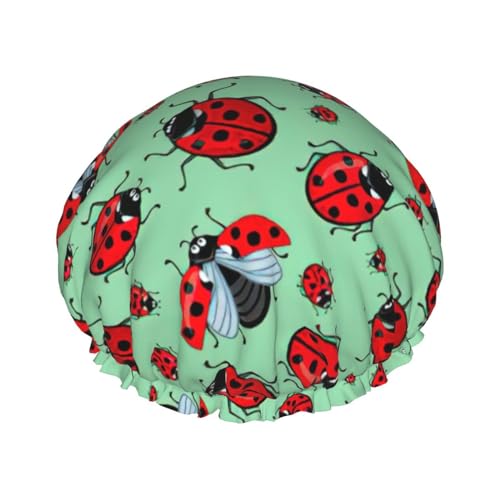 Red Ladybugs On A Blue Background Print Soft Shower Cap for Women, Reusable Environmental Protection Hair Bath Caps von Peiyeety