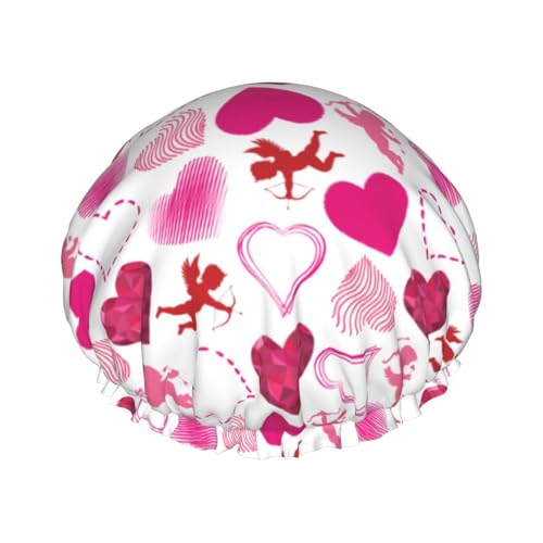 Red Pink Hearts Angel Cupid Shower Cap For Women Men Reusable Waterproof Bathing Shower Hat For Girls von Peiyeety