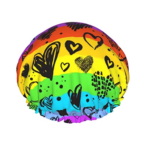 Regenbogen-Gay-Pride-Duschhaube für Damen, verstellbar, doppelt wasserdicht, Bade-Duschhut, Haarschutz, wiederverwendbar, Damen-Spa-Salon-Duschhut von Peiyeety