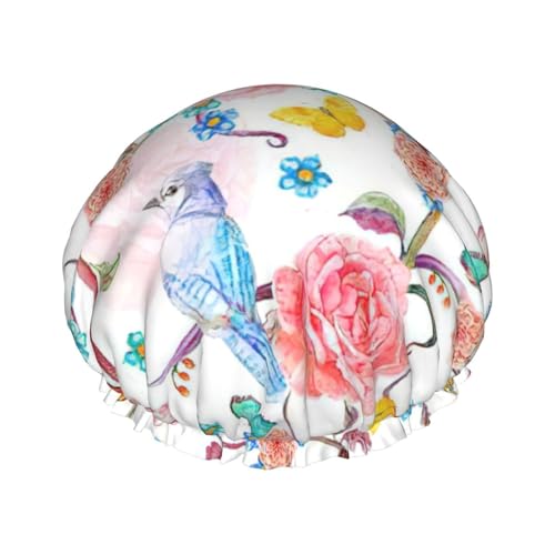 Romantic Fancy Floral Birds Butterfly Print Soft Shower Cap for Women, Reusable Environmental Protection Hair Bath Caps von Peiyeety