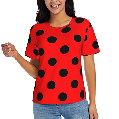 Rot-schwarz gepunktetes Marien -Damen-Kurzarm-T-Shirt. Ultraweiches T-Shirt mit Rundhalsausschnitt von peiyeety