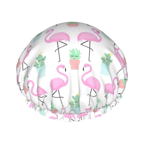 Tropical Flamingo Cute Cactus Women Luxury Shower Cap, Double ProtectionElastic, Reusable Adjustable Shower Bonnet von Peiyeety