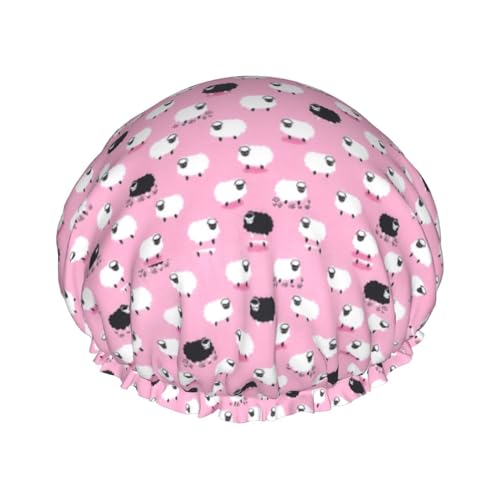 White Sheep On Pink Background Women Luxury Shower Cap, Double ProtectionElastic, Reusable Adjustable Shower Bonnet von Peiyeety