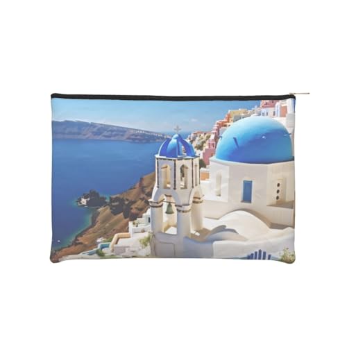 Wiederverwendbare Kosmetiktasche aus Papier, Wasserabweisende Kosmetiktasche, Make-up-Beutel für Damen, Reise-Organizer-Tasche/Santorini Island Sea View von Peiyeety