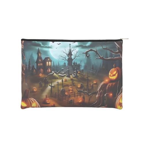 Wiederverwendbare Kosmetiktasche aus Papier, wasserabweisend, Kosmetiktasche für Damen, Make-up-Beutel, Reise-Organizer/Halloween-Kürbis-Friedhof von Peiyeety