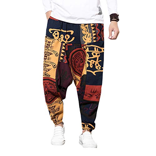 Pejihota Herren Hip-Hop Haremshose Leinen Bohemian Aladdin Yogahose Bloomers Drop Crotch Pants Retro Print Hose mit Taschen, rot, 41-44.5 von Pejihota