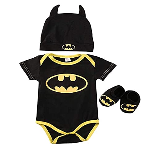 Pejihota Kinder 3-teiliger Anzug Kinder Batman Sommeranzug, Mützen und Socken Dreiteiliger Anzug (Kurzarm, 90 (12-18 Monate)) von Pejihota