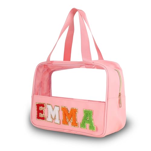Klare Schminktasche personalisierte Chenille Brief Patch klare Kulturtasche Preppy Kosmetiktasche mit Griff, Snacks Tasche Beutel für Reisen, wasserdicht große klare Aufbewahrungstasche für Frauen von Pekdi