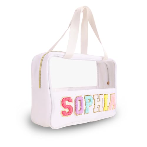Klare Schminktasche personalisierte Chenille Brief Patch klare Kulturtasche Preppy Kosmetiktasche mit Griff, Snacks Tasche Beutel für Reisen, wasserdicht große klare Aufbewahrungstasche für Frauen von Pekdi