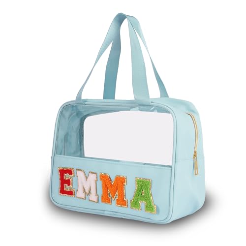 Klare Schminktasche personalisierte Chenille Brief Patch klare Kulturtasche Preppy Kosmetiktasche mit Griff, Snacks Tasche Beutel für Reisen, wasserdicht große klare Aufbewahrungstasche für Frauen von Pekdi