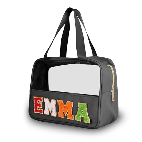 Klare Schminktasche personalisierte Chenille Brief Patch klare Kulturtasche Preppy Kosmetiktasche mit Griff, Snacks Tasche Beutel für Reisen, wasserdicht große klare Aufbewahrungstasche für Frauen von Pekdi
