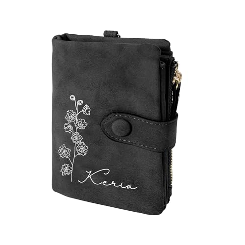 Pekdi Personalisierte Geburt Blume Leder Brieftasche Namen Geburt Blume Geldbörse mit Münzfach Karteninhaber Geldbörse Damen kleine Armband Brieftasche Namen Floral Brieftasche Geschenk für Frauen von Pekdi