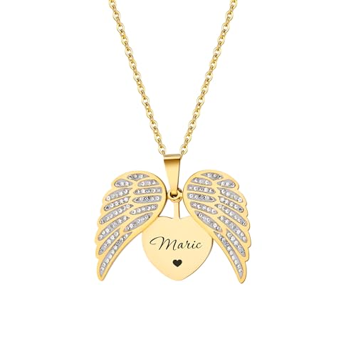 Pekdi Personalisierte Herz Medaillon Halskette mit Engelsflügel Anhänger und eingraviertem Text Schmuck für Mütter zum Muttertag, Geburtstag oder als Geschenk für die Freundin zum Jahrestag von Pekdi