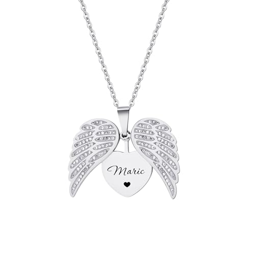 Pekdi Personalisierte Herz Medaillon Halskette mit Engelsflügel Anhänger und eingraviertem Text Schmuck für Mütter zum Muttertag, Geburtstag oder als Geschenk für die Freundin zum Jahrestag von Pekdi