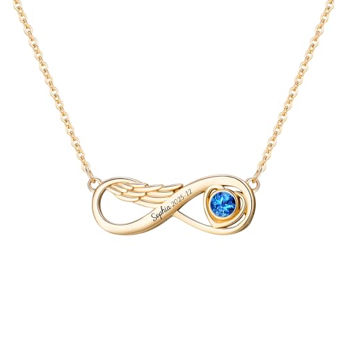 Pekdi Personalisierte Infinity Love Herz Halskette, Personalisierte Namenshalskette Engelsflügel Herz Geburtsstein Anhänger Erinnerungsschmuck für Ehefrau Mutter Geschenke zum Muttertag, Weihnachten von Pekdi