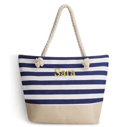 Pekdi Personalisierte Strandtasche Canvas Beach Tote Bag mit benutzerdefinierten gestickten Namen, Swim Pool Tasche große Tote Travel Beach Essentials personalisierte Geschenke für Frauen von Pekdi