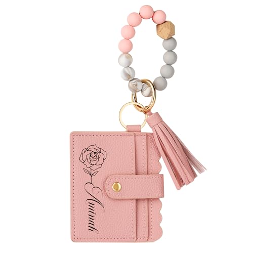 Personalisierte Armband Leder Brieftasche, Geburt Monat Blume Armband Brieftasche Schlüsselanhänger Armband schlanke Frauen Brieftasche Credit Card Holder Purse, Quaste Schlüsselring Brieftasche von Pekdi