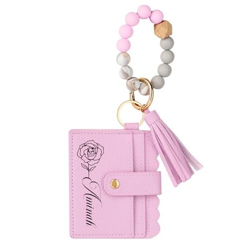 Personalisierte Armband Leder Brieftasche, Geburt Monat Blume Armband Brieftasche Schlüsselanhänger Armband schlanke Frauen Brieftasche Credit Card Holder Purse, Quaste Schlüsselring Brieftasche von Pekdi