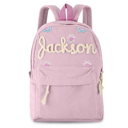Personalisierte Cord Rucksack gestickten Namen Ästhetische Rucksack Creme Rucksäcke 15in große College Rucksack Laptop Tasche Buch Tasche Leichtgewicht Daypack Casual Travel Bag für Männer Frauen von Pekdi