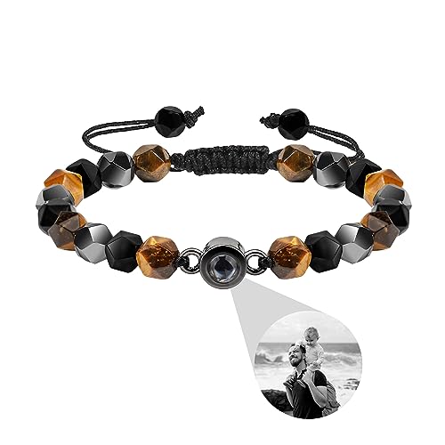 Personalisierte Foto Armband, Armband mit Bild im Stein Projektion Armbänder mit Fotos Tigerauge Armband für Männer Naturstein Perlen Armband personalisierte Geschenke für Papa Ehemann Freund von Pekdi