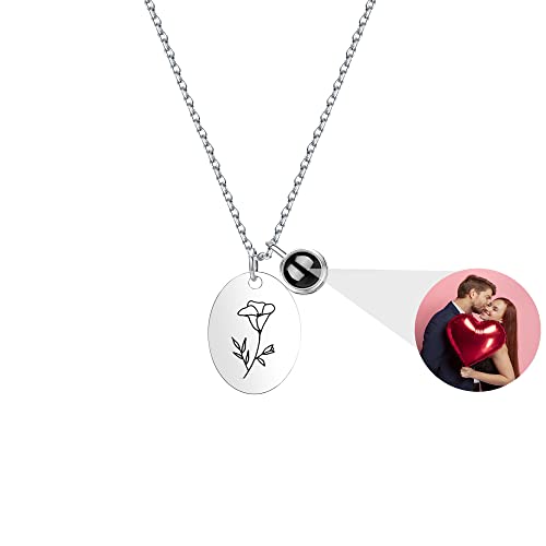 Personalisierte Foto Halskette Projektion Halskette mit Bild 925 Sterling Silber Geburt Blume Halskette Floral Anhänger Geburt Monat Mom Halskette Ich liebe dich 100 Sprachen Schmuck Geschenk von Pekdi