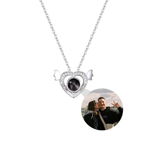 Personalisierte Foto Halskette Projektion Kette mit Bild im Stein, Herz Foto Halskette Engelsflügel Anhänger Memorial Liebe Schmuck Geschenke für Freundin Frau, Mütter Tag Geschenk für Mama Oma von Pekdi