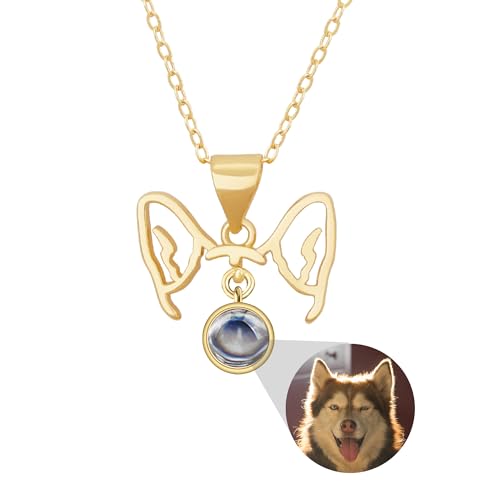 Personalisierte Foto Halskette Projektion Kette mit Bild im Stein, Personalisierte Hundeohren Anhänger Halskette Hund Charms Memorial Haustier Schmuck Geschenk für Hundemama Hundeliebhaber von Pekdi