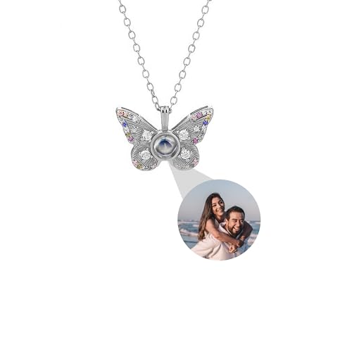 Personalisierte Foto Halskette Projektion Kette mit Bild im Stein, Schmetterling Halsketten für Frauen Cubic Zirkonia Schmetterling Anhänger Memorial Schmuck Geschenk für Geburtstag Jahrestag von Pekdi