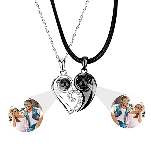 Personalisierte Foto Halskette Projektion Kette mit Bild im Stein 925 Sterling Silber Magnetische Paar Halskette für Sie und Ihn Passende Herz Anhänger I Love You 100 Sprachen Schmuck Geschenke von Pekdi