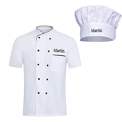 Personalisierte Koch Mantel kurze Ärmel bestickt Koch Hemden mit Kochmütze schwarz weiß Koch Jacke Küche Uniformen Kleidung für Männer Frauen von Pekdi
