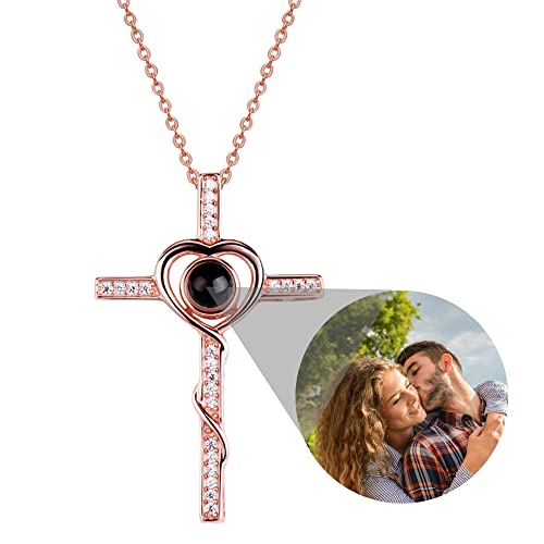 Personalisierte Kreuz Halskette Individuelle Foto Halskette Projektion Kette mit Bild, 925 Sterling Silber Kreuz Anhänger Halskette Ich liebe dich Halskette 100 Sprachen Bild Schmuck Geschenke von Pekdi