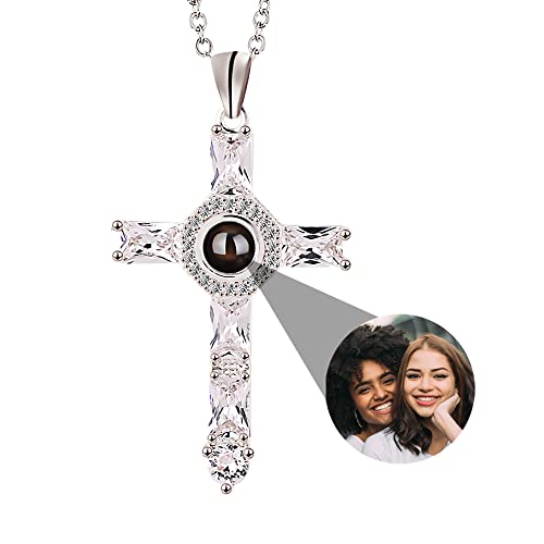 Personalisierte Kreuz Halskette Individuelle Foto Halskette Projektion Kette mit Bild, 925 Sterling Silber Kreuz Anhänger Halskette Ich liebe dich Halskette 100 Sprachen Bild Schmuck Geschenke von Pekdi