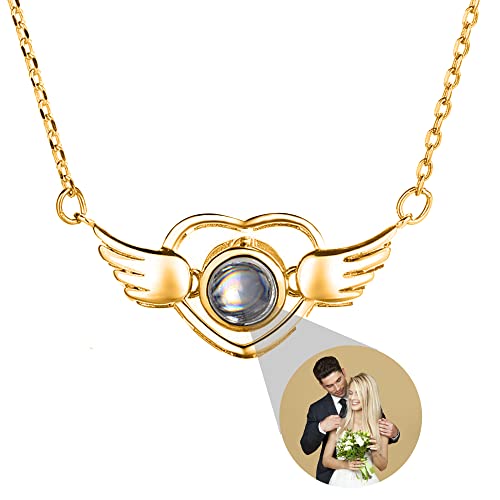 Personalisierte Projektionskette mit Foto Engelsflügel Halskette mit bild 925 Sterling Silber Ich liebe dich Halskette 100 Sprachen Liebe Herz Anhänger Projektion Kette Erinnerung Schmuck Geschenk von Pekdi