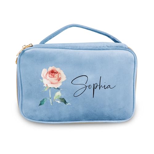 Personalisierte Samt Kosmetiktaschen mit Geburt Blume Name große Kapazität Kulturtasche für Frauen, Reise Veranstalter Kosmetiktasche Brautjungfer Hochzeit Weihnachten Geburtstag von Pekdi