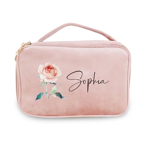 Personalisierte Samt Kosmetiktaschen mit Geburt Blume Name große Kapazität Kulturtasche für Frauen, Reise Veranstalter Kosmetiktasche Brautjungfer Hochzeit Weihnachten Geburtstag von Pekdi