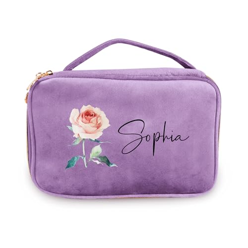 Personalisierte Samt Kosmetiktaschen mit Geburt Blume Name große Kapazität Kulturtasche für Frauen, Reise Veranstalter Kosmetiktasche Brautjungfer Hochzeit Weihnachten Geburtstag von Pekdi