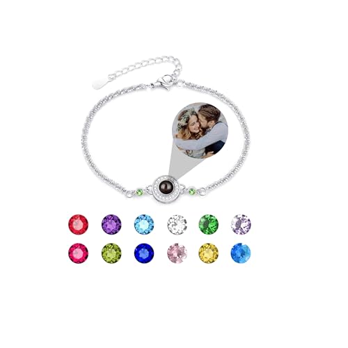 Personalisiertes Foto armband individuelles Geburtssteinarmband mit Projektionsbild 925er Sterlingsilber runder Anhänger mit Foto Kette Erinnerungsschmuck Geschenke zum Jahrestag Geburtstag Muttertag von Pekdi