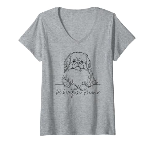 Damen Pekinese Mama Pekinese Mom Cute Line Art Dog Artistic T-Shirt mit V-Ausschnitt von Pekingese Lover Beautiful Dog Art Gift Design